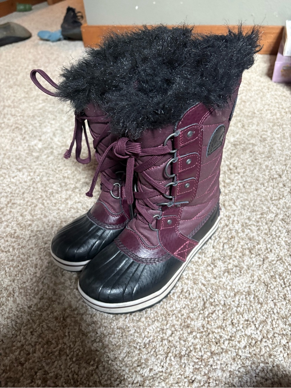 Sorel Kids Plum and Black Waterproof Winter Boots with Faux Fur Trim
